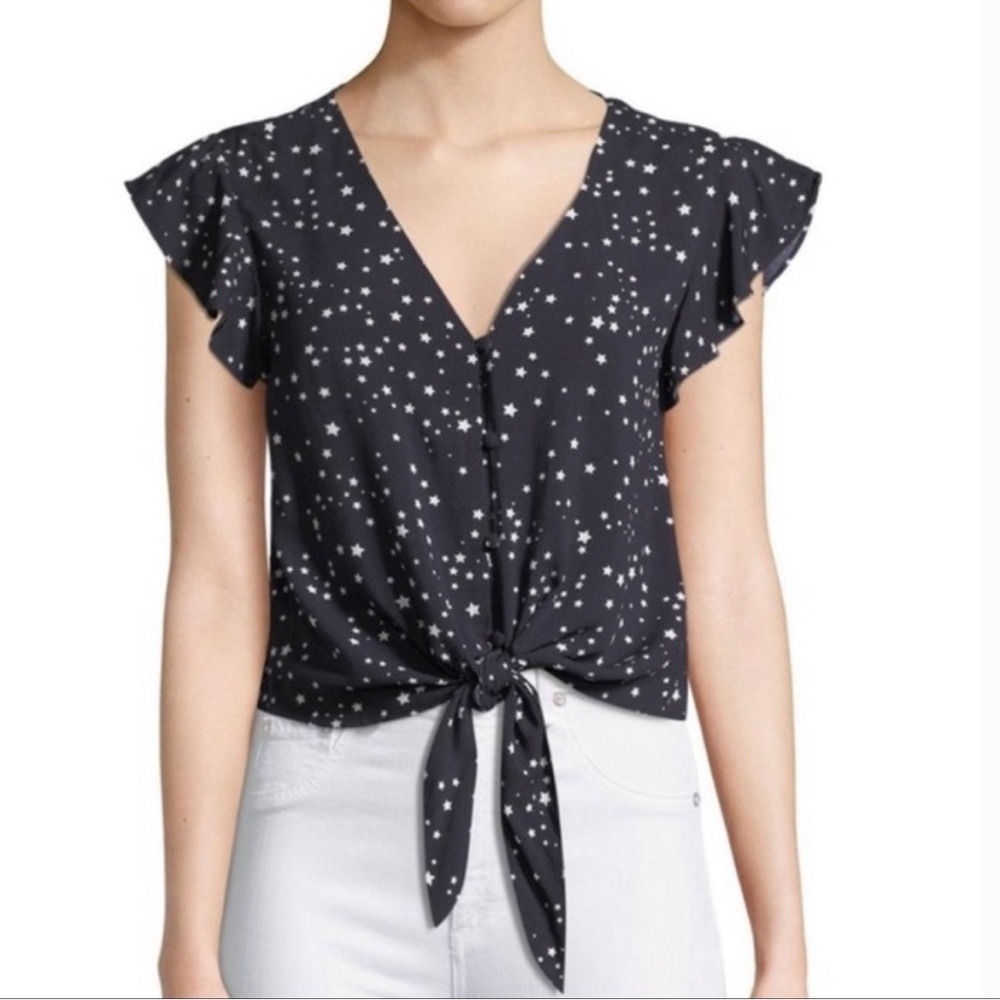 Cupcakes & Cashmere Navy and White Calpurnia Flutter Sleeve Tie Front Blouse
